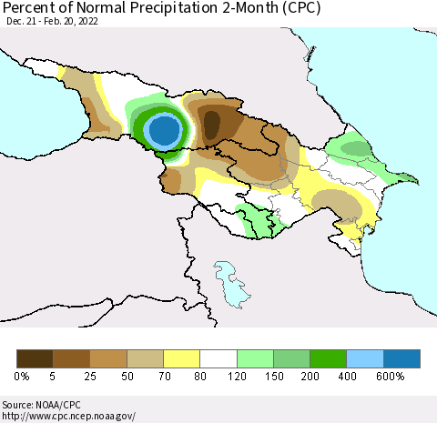 Azerbaijan, Armenia and Georgia Percent of Normal Precipitation 2-Month (CPC) Thematic Map For 12/21/2021 - 2/20/2022