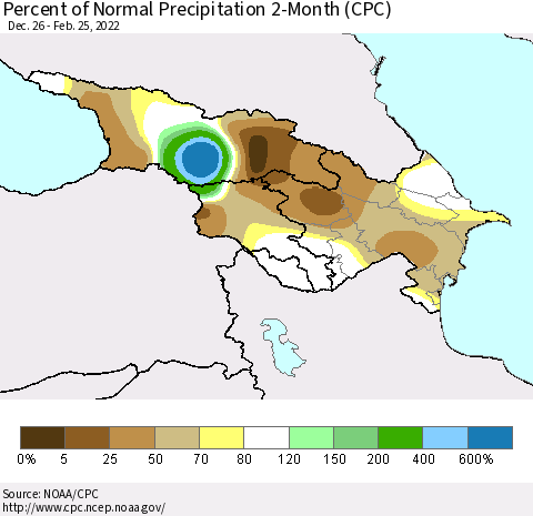 Azerbaijan, Armenia and Georgia Percent of Normal Precipitation 2-Month (CPC) Thematic Map For 12/26/2021 - 2/25/2022