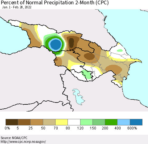 Azerbaijan, Armenia and Georgia Percent of Normal Precipitation 2-Month (CPC) Thematic Map For 1/1/2022 - 2/28/2022