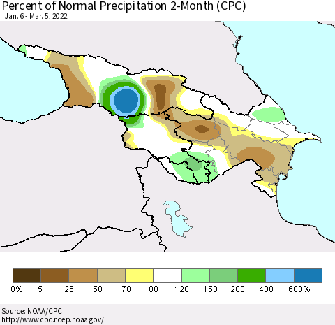 Azerbaijan, Armenia and Georgia Percent of Normal Precipitation 2-Month (CPC) Thematic Map For 1/6/2022 - 3/5/2022