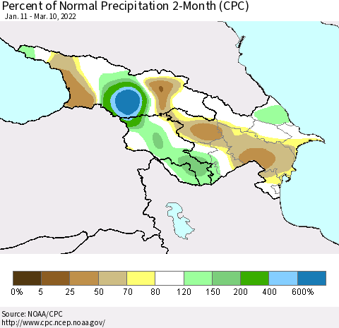 Azerbaijan, Armenia and Georgia Percent of Normal Precipitation 2-Month (CPC) Thematic Map For 1/11/2022 - 3/10/2022