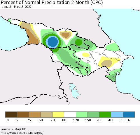 Azerbaijan, Armenia and Georgia Percent of Normal Precipitation 2-Month (CPC) Thematic Map For 1/16/2022 - 3/15/2022