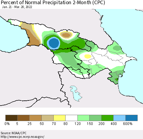 Azerbaijan, Armenia and Georgia Percent of Normal Precipitation 2-Month (CPC) Thematic Map For 1/21/2022 - 3/20/2022