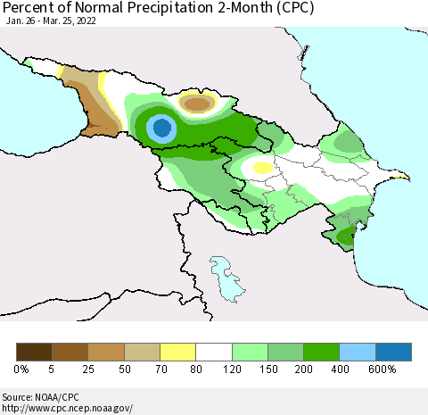Azerbaijan, Armenia and Georgia Percent of Normal Precipitation 2-Month (CPC) Thematic Map For 1/26/2022 - 3/25/2022