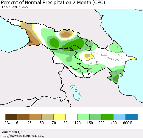 Azerbaijan, Armenia and Georgia Percent of Normal Precipitation 2-Month (CPC) Thematic Map For 2/6/2022 - 4/5/2022