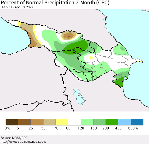 Azerbaijan, Armenia and Georgia Percent of Normal Precipitation 2-Month (CPC) Thematic Map For 2/11/2022 - 4/10/2022