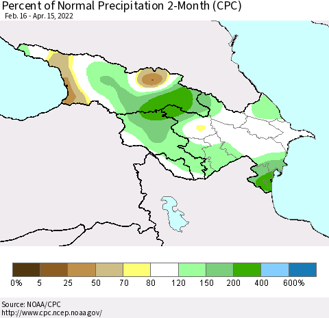 Azerbaijan, Armenia and Georgia Percent of Normal Precipitation 2-Month (CPC) Thematic Map For 2/16/2022 - 4/15/2022