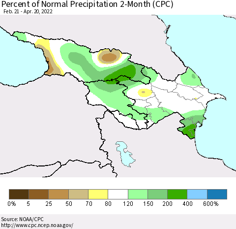 Azerbaijan, Armenia and Georgia Percent of Normal Precipitation 2-Month (CPC) Thematic Map For 2/21/2022 - 4/20/2022