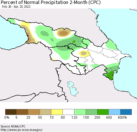Azerbaijan, Armenia and Georgia Percent of Normal Precipitation 2-Month (CPC) Thematic Map For 2/26/2022 - 4/25/2022