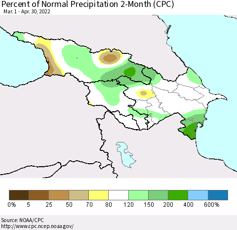 Azerbaijan, Armenia and Georgia Percent of Normal Precipitation 2-Month (CPC) Thematic Map For 3/1/2022 - 4/30/2022