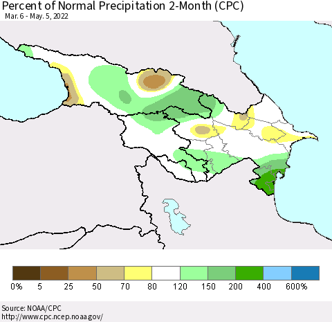Azerbaijan, Armenia and Georgia Percent of Normal Precipitation 2-Month (CPC) Thematic Map For 3/6/2022 - 5/5/2022