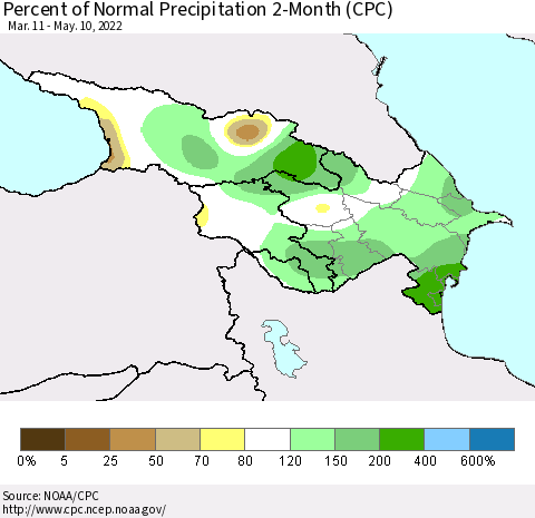 Azerbaijan, Armenia and Georgia Percent of Normal Precipitation 2-Month (CPC) Thematic Map For 3/11/2022 - 5/10/2022