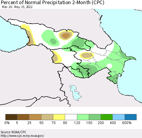 Azerbaijan, Armenia and Georgia Percent of Normal Precipitation 2-Month (CPC) Thematic Map For 3/16/2022 - 5/15/2022