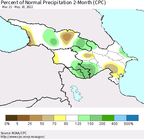 Azerbaijan, Armenia and Georgia Percent of Normal Precipitation 2-Month (CPC) Thematic Map For 3/21/2022 - 5/20/2022