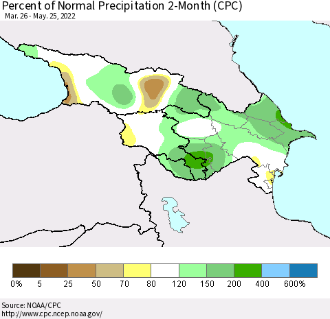 Azerbaijan, Armenia and Georgia Percent of Normal Precipitation 2-Month (CPC) Thematic Map For 3/26/2022 - 5/25/2022