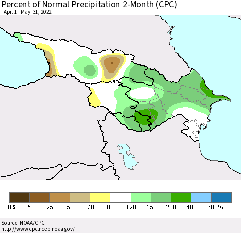 Azerbaijan, Armenia and Georgia Percent of Normal Precipitation 2-Month (CPC) Thematic Map For 4/1/2022 - 5/31/2022