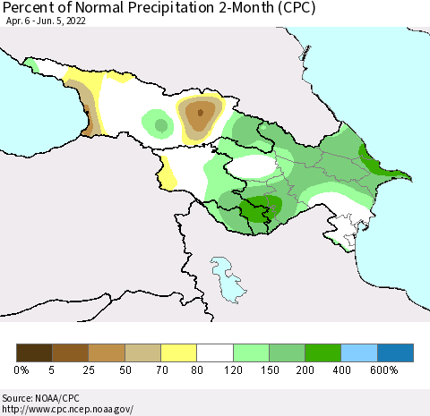 Azerbaijan, Armenia and Georgia Percent of Normal Precipitation 2-Month (CPC) Thematic Map For 4/6/2022 - 6/5/2022