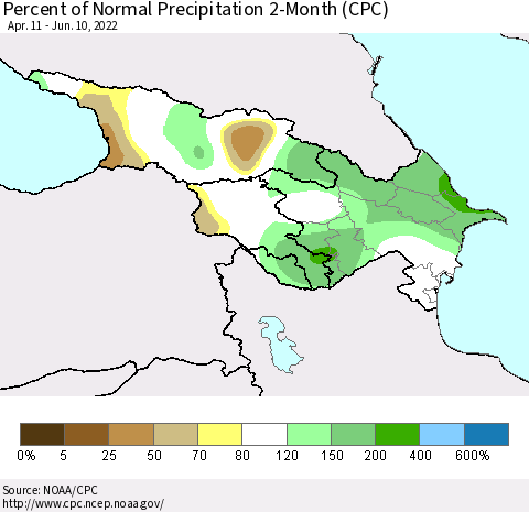 Azerbaijan, Armenia and Georgia Percent of Normal Precipitation 2-Month (CPC) Thematic Map For 4/11/2022 - 6/10/2022