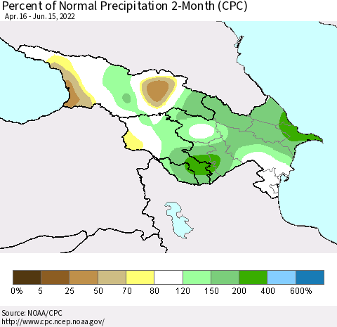 Azerbaijan, Armenia and Georgia Percent of Normal Precipitation 2-Month (CPC) Thematic Map For 4/16/2022 - 6/15/2022