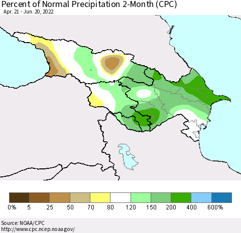 Azerbaijan, Armenia and Georgia Percent of Normal Precipitation 2-Month (CPC) Thematic Map For 4/21/2022 - 6/20/2022