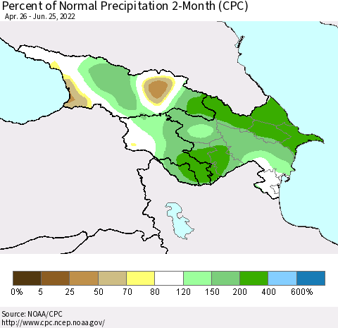 Azerbaijan, Armenia and Georgia Percent of Normal Precipitation 2-Month (CPC) Thematic Map For 4/26/2022 - 6/25/2022