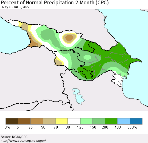 Azerbaijan, Armenia and Georgia Percent of Normal Precipitation 2-Month (CPC) Thematic Map For 5/6/2022 - 7/5/2022