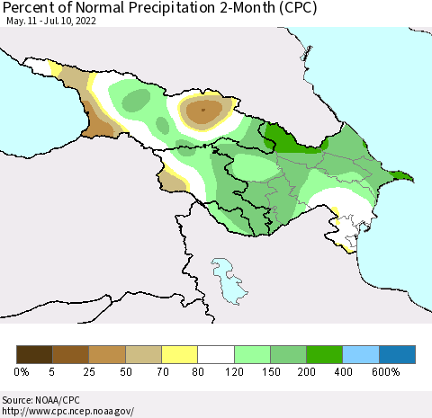 Azerbaijan, Armenia and Georgia Percent of Normal Precipitation 2-Month (CPC) Thematic Map For 5/11/2022 - 7/10/2022