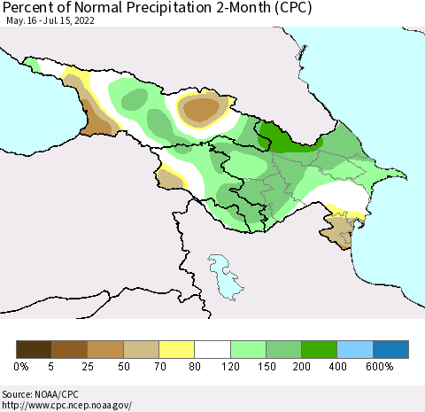 Azerbaijan, Armenia and Georgia Percent of Normal Precipitation 2-Month (CPC) Thematic Map For 5/16/2022 - 7/15/2022