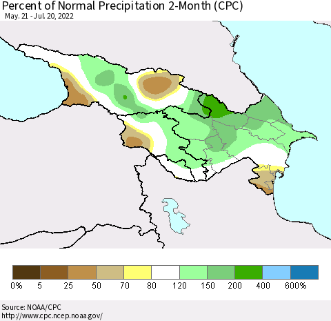 Azerbaijan, Armenia and Georgia Percent of Normal Precipitation 2-Month (CPC) Thematic Map For 5/21/2022 - 7/20/2022
