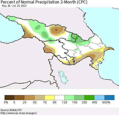 Azerbaijan, Armenia and Georgia Percent of Normal Precipitation 2-Month (CPC) Thematic Map For 5/26/2022 - 7/25/2022
