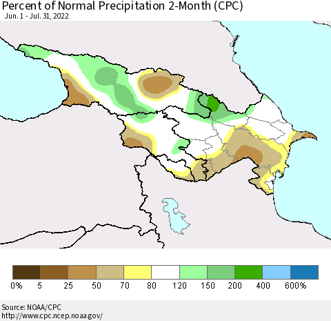 Azerbaijan, Armenia and Georgia Percent of Normal Precipitation 2-Month (CPC) Thematic Map For 6/1/2022 - 7/31/2022