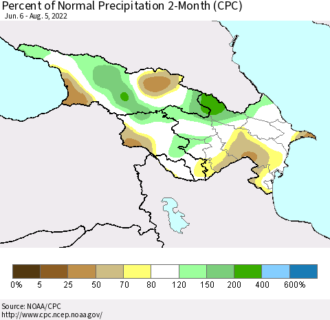 Azerbaijan, Armenia and Georgia Percent of Normal Precipitation 2-Month (CPC) Thematic Map For 6/6/2022 - 8/5/2022