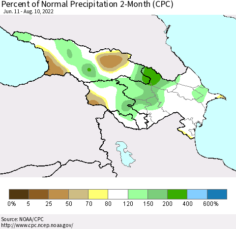 Azerbaijan, Armenia and Georgia Percent of Normal Precipitation 2-Month (CPC) Thematic Map For 6/11/2022 - 8/10/2022