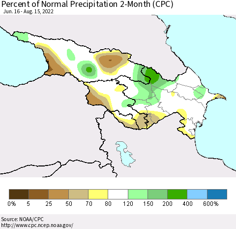 Azerbaijan, Armenia and Georgia Percent of Normal Precipitation 2-Month (CPC) Thematic Map For 6/16/2022 - 8/15/2022