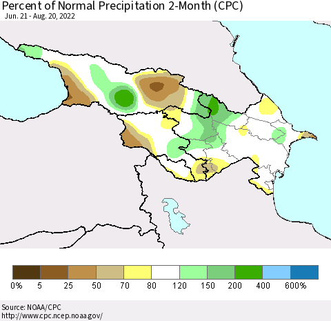 Azerbaijan, Armenia and Georgia Percent of Normal Precipitation 2-Month (CPC) Thematic Map For 6/21/2022 - 8/20/2022