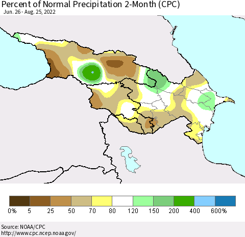 Azerbaijan, Armenia and Georgia Percent of Normal Precipitation 2-Month (CPC) Thematic Map For 6/26/2022 - 8/25/2022