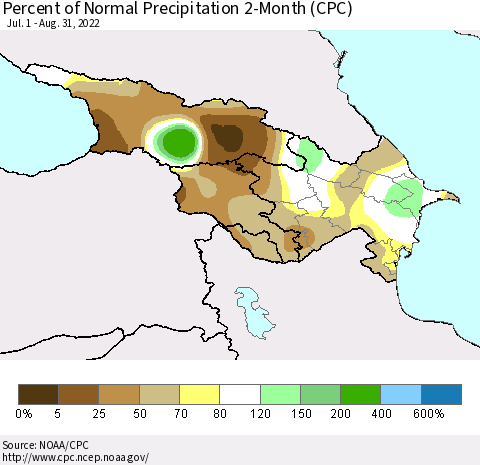 Azerbaijan, Armenia and Georgia Percent of Normal Precipitation 2-Month (CPC) Thematic Map For 7/1/2022 - 8/31/2022