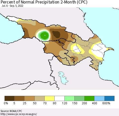 Azerbaijan, Armenia and Georgia Percent of Normal Precipitation 2-Month (CPC) Thematic Map For 7/6/2022 - 9/5/2022