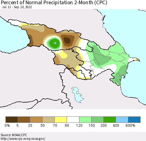 Azerbaijan, Armenia and Georgia Percent of Normal Precipitation 2-Month (CPC) Thematic Map For 7/11/2022 - 9/10/2022