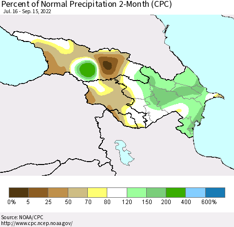 Azerbaijan, Armenia and Georgia Percent of Normal Precipitation 2-Month (CPC) Thematic Map For 7/16/2022 - 9/15/2022