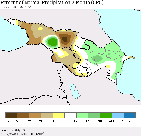 Azerbaijan, Armenia and Georgia Percent of Normal Precipitation 2-Month (CPC) Thematic Map For 7/21/2022 - 9/20/2022