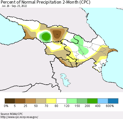 Azerbaijan, Armenia and Georgia Percent of Normal Precipitation 2-Month (CPC) Thematic Map For 7/26/2022 - 9/25/2022