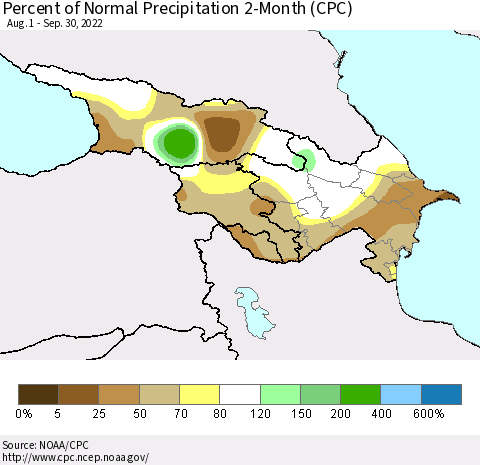 Azerbaijan, Armenia and Georgia Percent of Normal Precipitation 2-Month (CPC) Thematic Map For 8/1/2022 - 9/30/2022