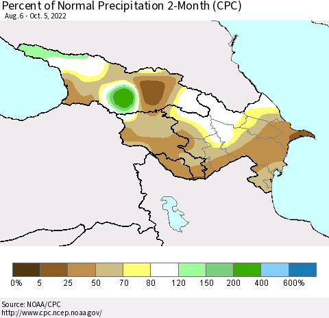 Azerbaijan, Armenia and Georgia Percent of Normal Precipitation 2-Month (CPC) Thematic Map For 8/6/2022 - 10/5/2022