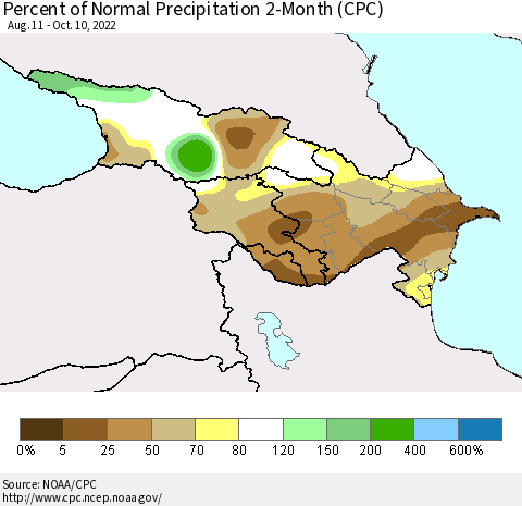 Azerbaijan, Armenia and Georgia Percent of Normal Precipitation 2-Month (CPC) Thematic Map For 8/11/2022 - 10/10/2022