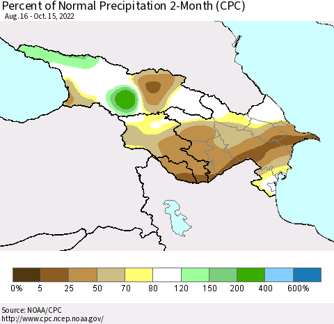 Azerbaijan, Armenia and Georgia Percent of Normal Precipitation 2-Month (CPC) Thematic Map For 8/16/2022 - 10/15/2022