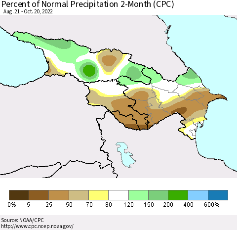 Azerbaijan, Armenia and Georgia Percent of Normal Precipitation 2-Month (CPC) Thematic Map For 8/21/2022 - 10/20/2022