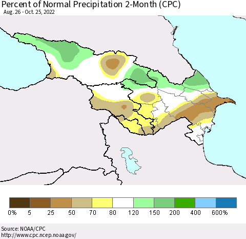Azerbaijan, Armenia and Georgia Percent of Normal Precipitation 2-Month (CPC) Thematic Map For 8/26/2022 - 10/25/2022