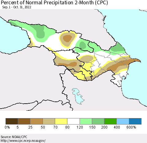 Azerbaijan, Armenia and Georgia Percent of Normal Precipitation 2-Month (CPC) Thematic Map For 9/1/2022 - 10/31/2022