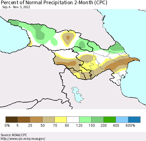 Azerbaijan, Armenia and Georgia Percent of Normal Precipitation 2-Month (CPC) Thematic Map For 9/6/2022 - 11/5/2022